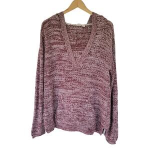 Roxy Long Sleeve Hooded Sweater Women’s Size M Burgundy White V Neck Pullover